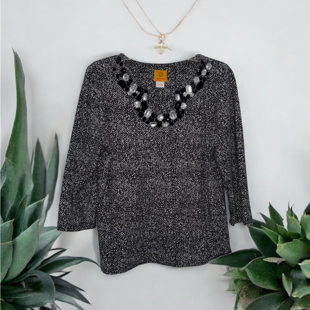 Ruby Rd. Black/white Embellished Blouse with Long Sleeves